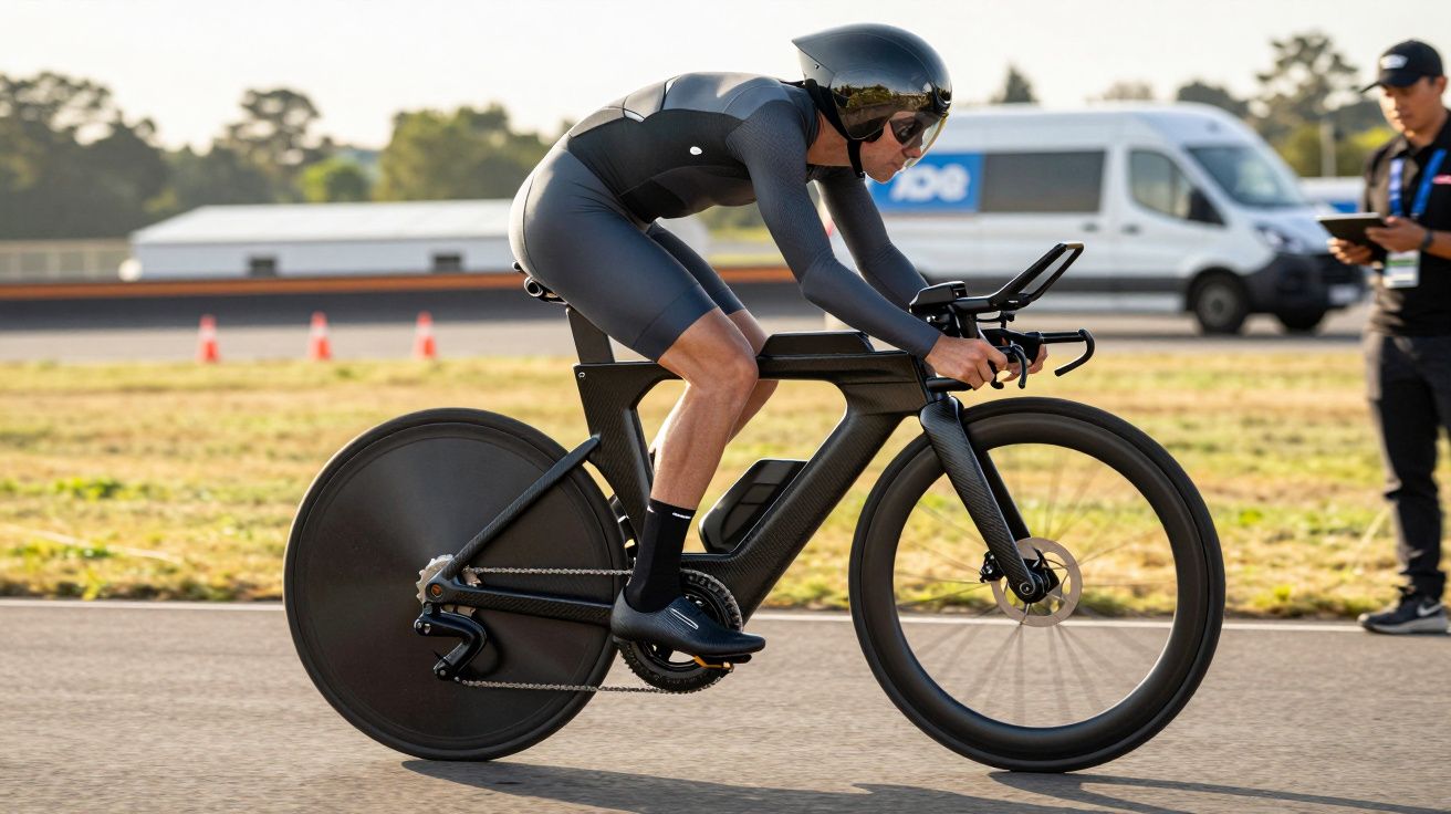 Ciclista em equipamento aerodinâmico e capacete a pedalar numa bicicleta de contra-relógio numa pista.