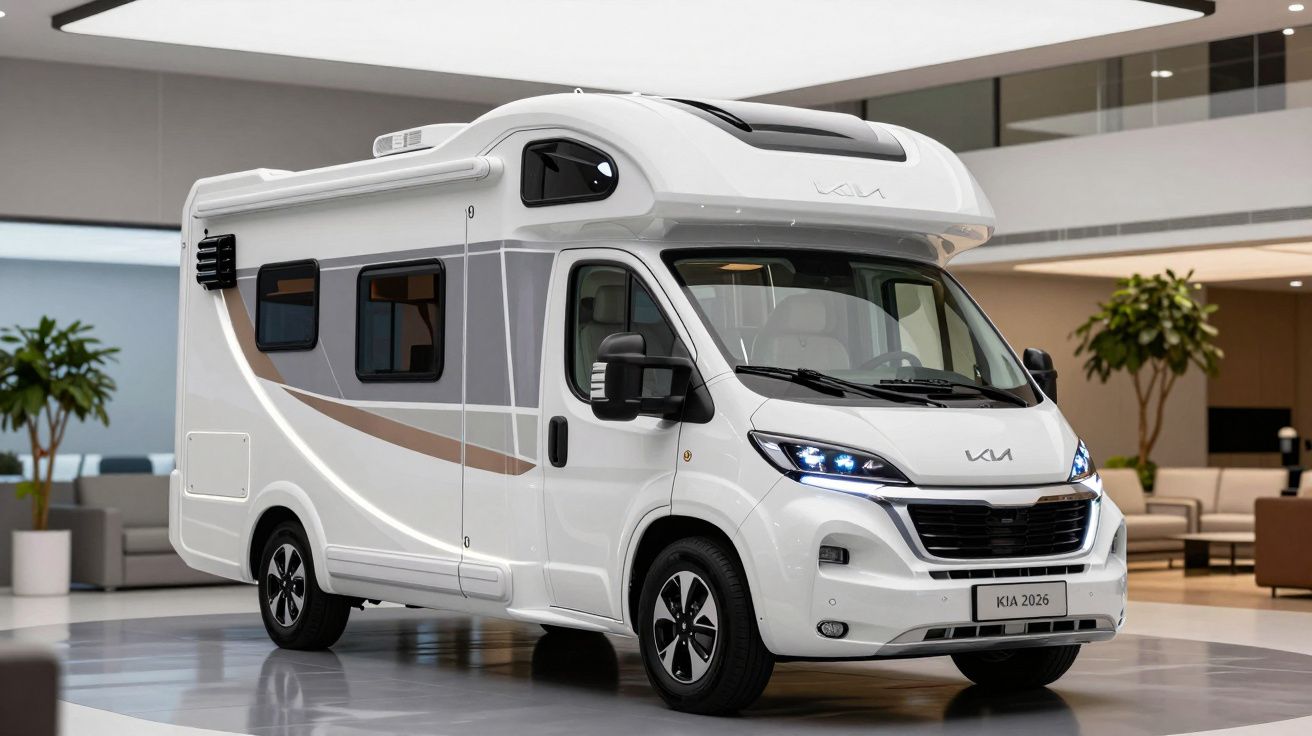 Autocaravana branca KIA 2026 estacionada num ambiente interior moderno e luminoso.