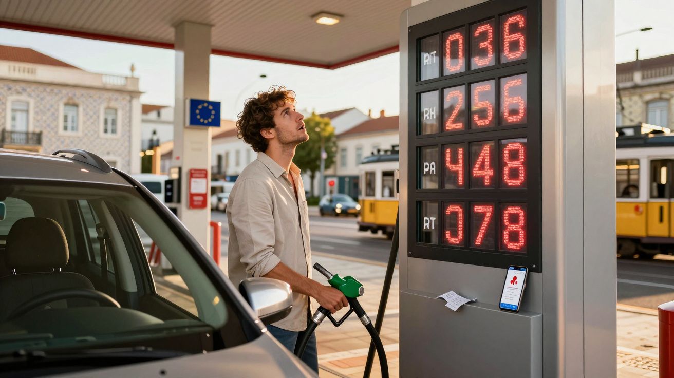 Homem com bomba de combustível junto a carro numa estação de serviço com preços do combustível visíveis.