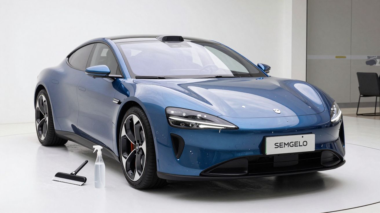 Carro elétrico azul esportivo estacionado com garrafa de spray e escova de limpeza ao lado.