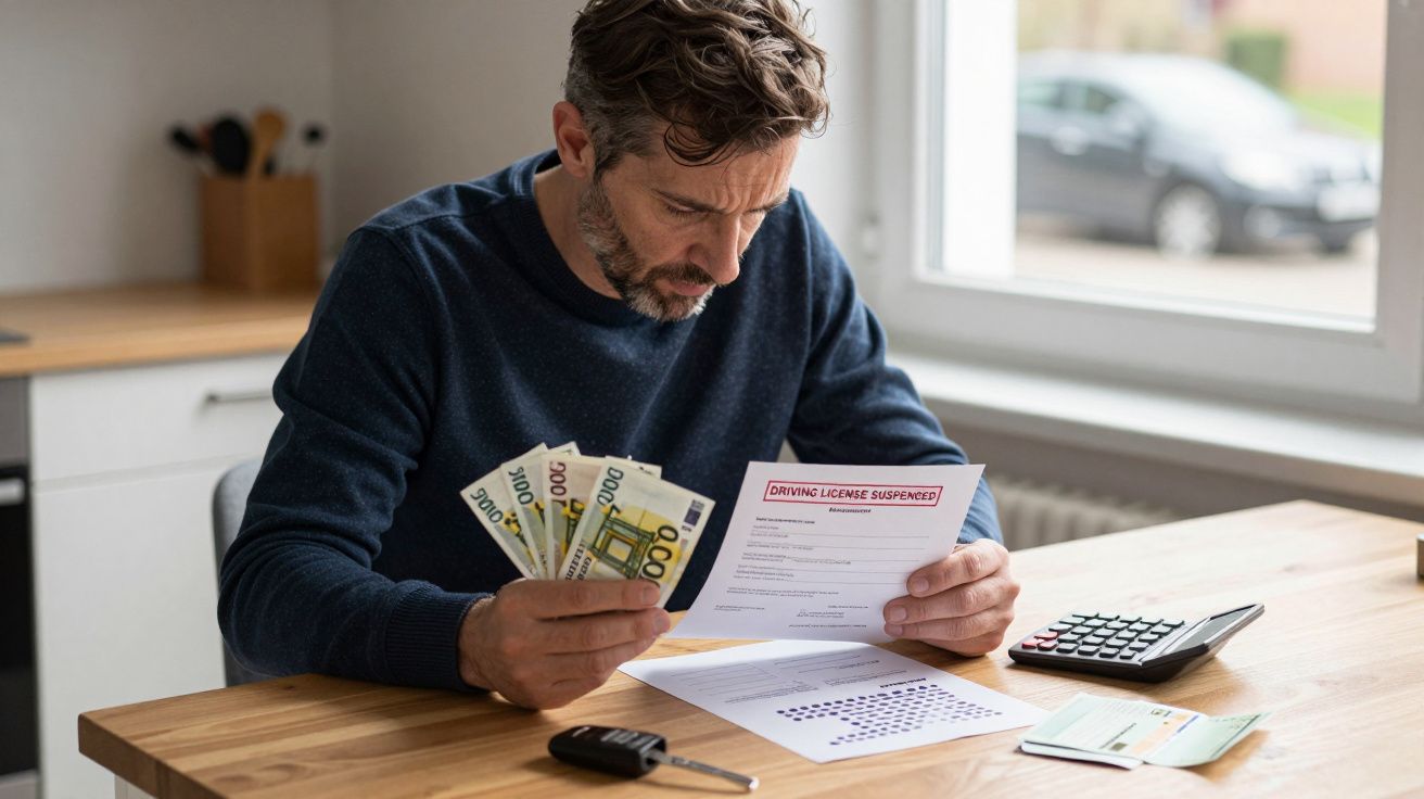 Homem sentado a ler carta de suspensão de carta de condução segurando dinheiro numa cozinha.