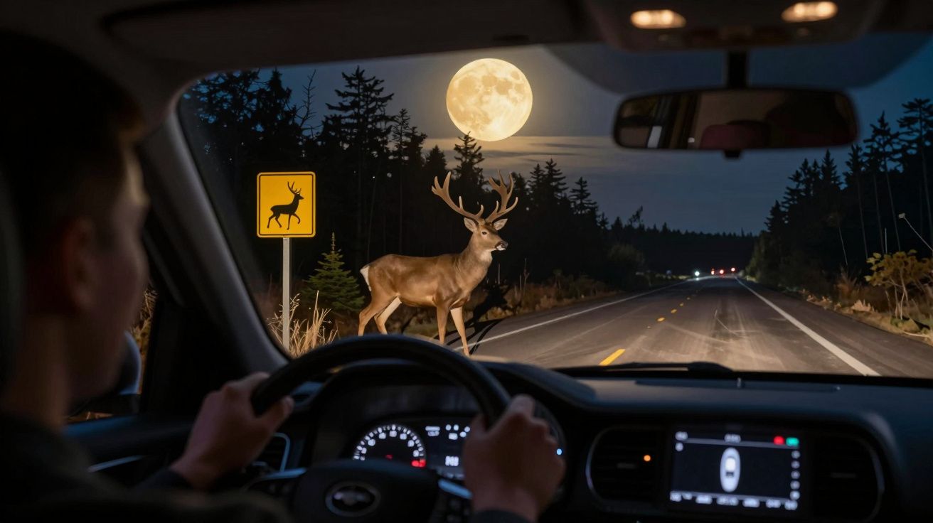 Condutor para veículo à noite ao ver um veado a atravessar a estrada sob a lua cheia.