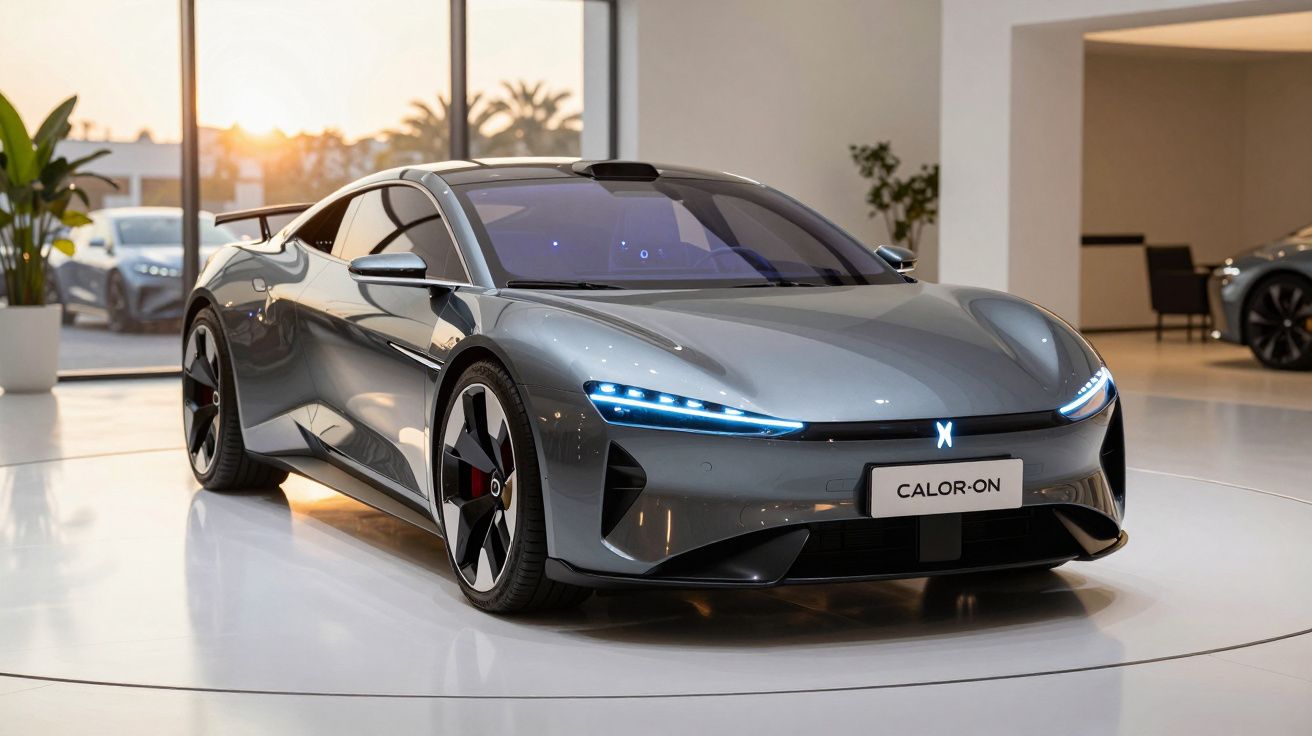 Carro elétrico desportivo cinza com luzes LED azuis, exposto numa sala moderna com grandes janelas.