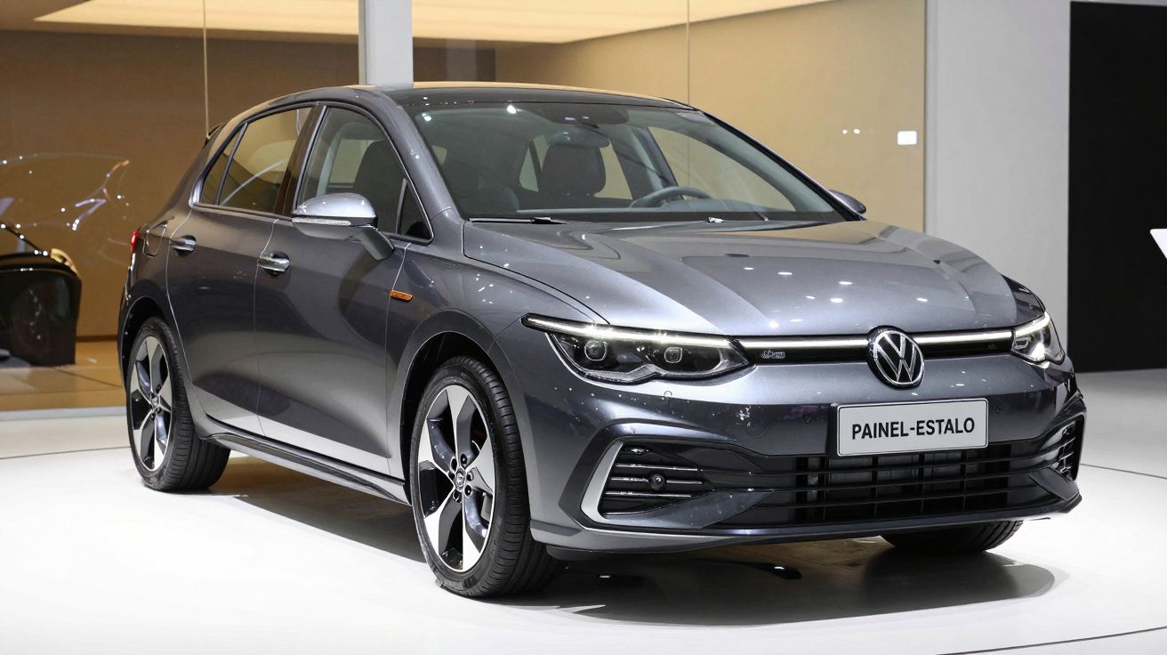 Carro Volkswagen cinza estacionado em espaço interior iluminado, vista frontal ligeira a três quartos.