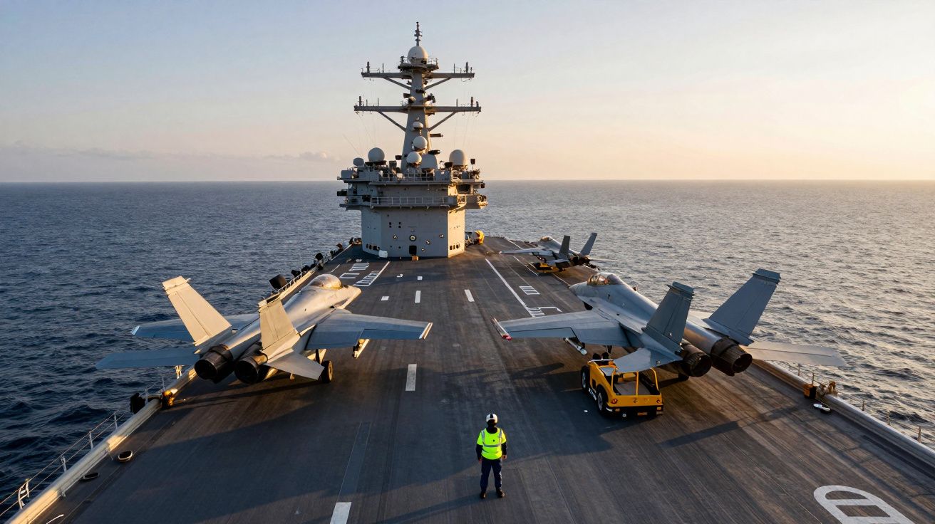 Porta-aviões no mar ao pôr do sol com dois jatos estacionados e um militar de colete amarelo no convés.
