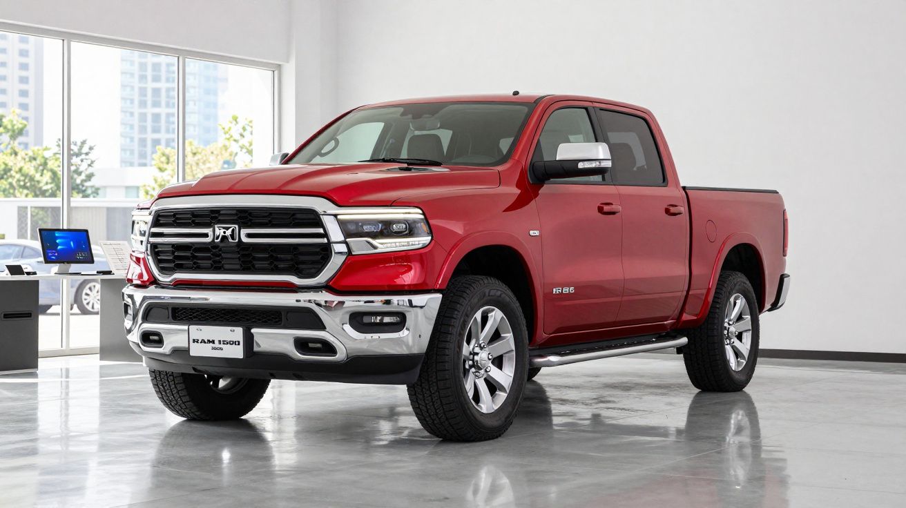 Camião vermelho RAM 1500 estacionado numa sala de exposição moderna com chão cinzento polido.