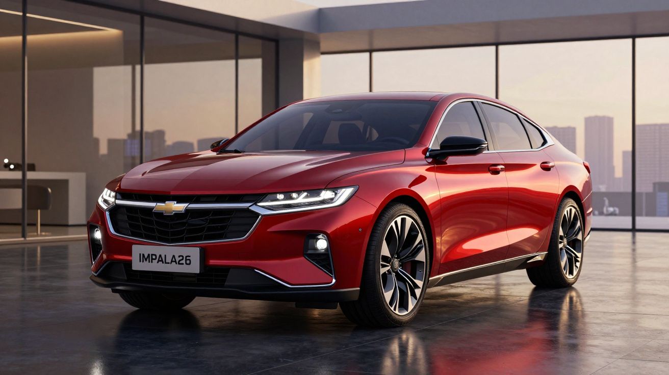 Carro desportivo sedan vermelho Chevrolet Impala26 estacionado em ambiente moderno com janelas grandes.