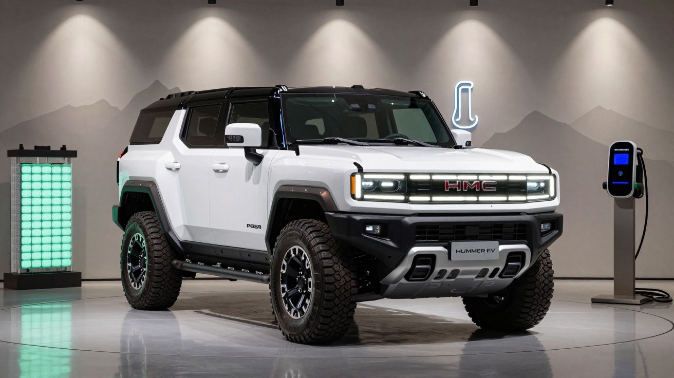 Veículo elétrico branco Hummer EV, SUV robusto com rodas grandes, em ambiente moderno com carregador elétrico.
