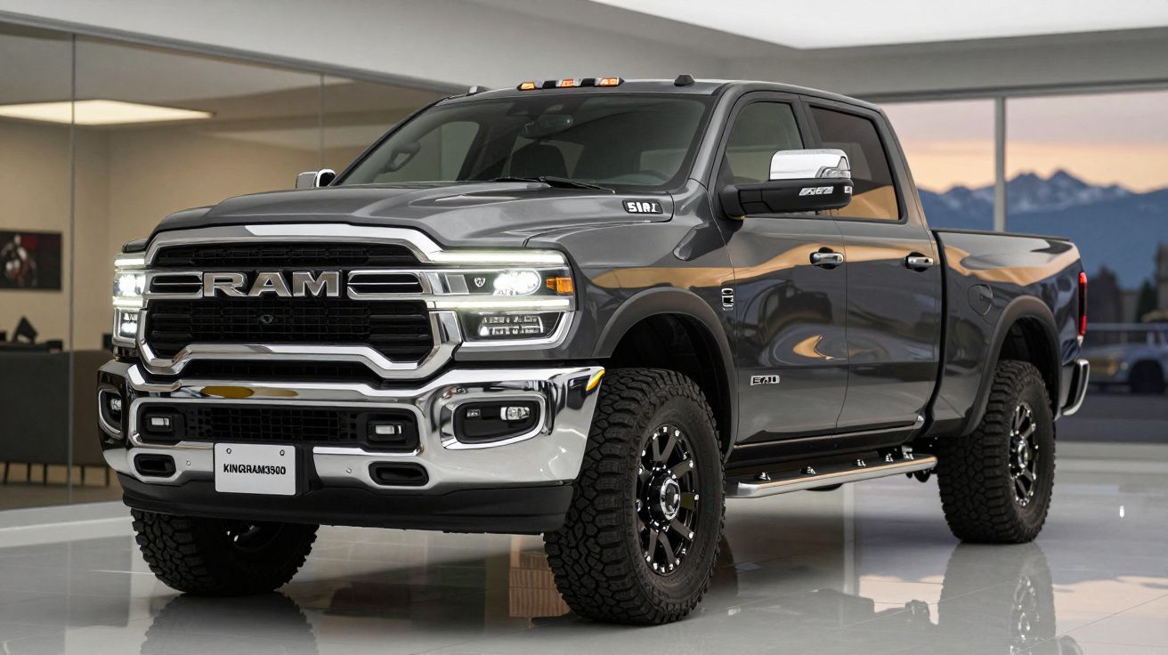 Camião pick-up RAM cinzento metalizado estacionado em ambiente fechado com montanhas ao fundo.