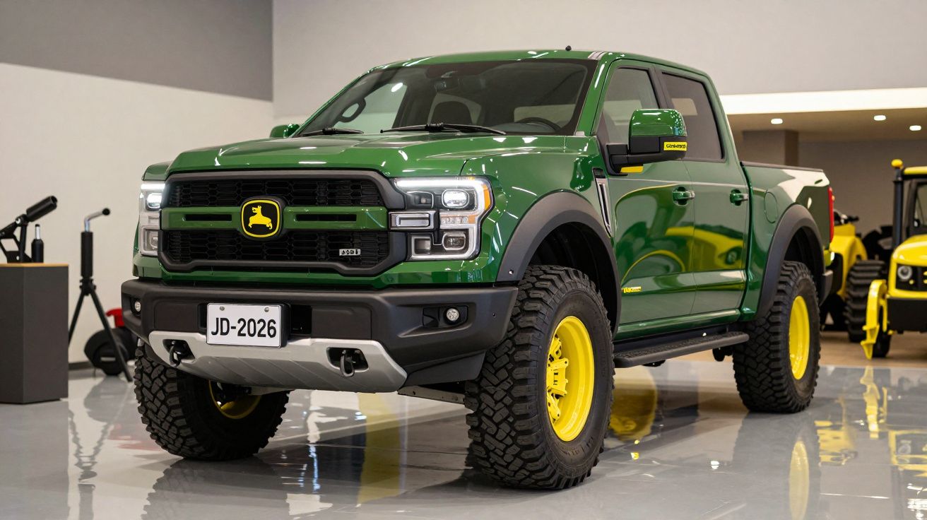 Pick-up verde John Deere com jantes amarelas em chão interior brilhante.