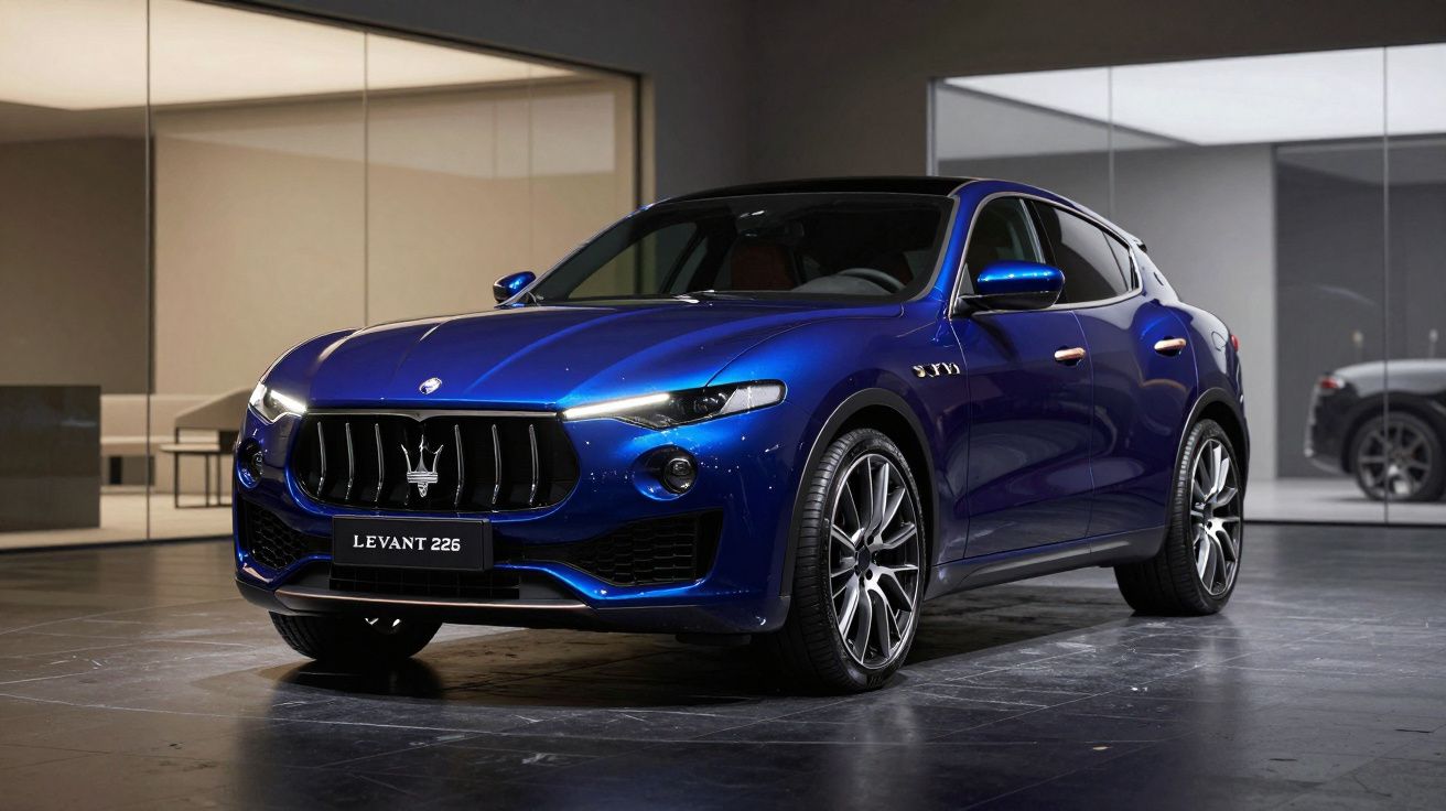 Carro Maserati Levante 226 azul estacionado em interior moderno com paredes de vidro.