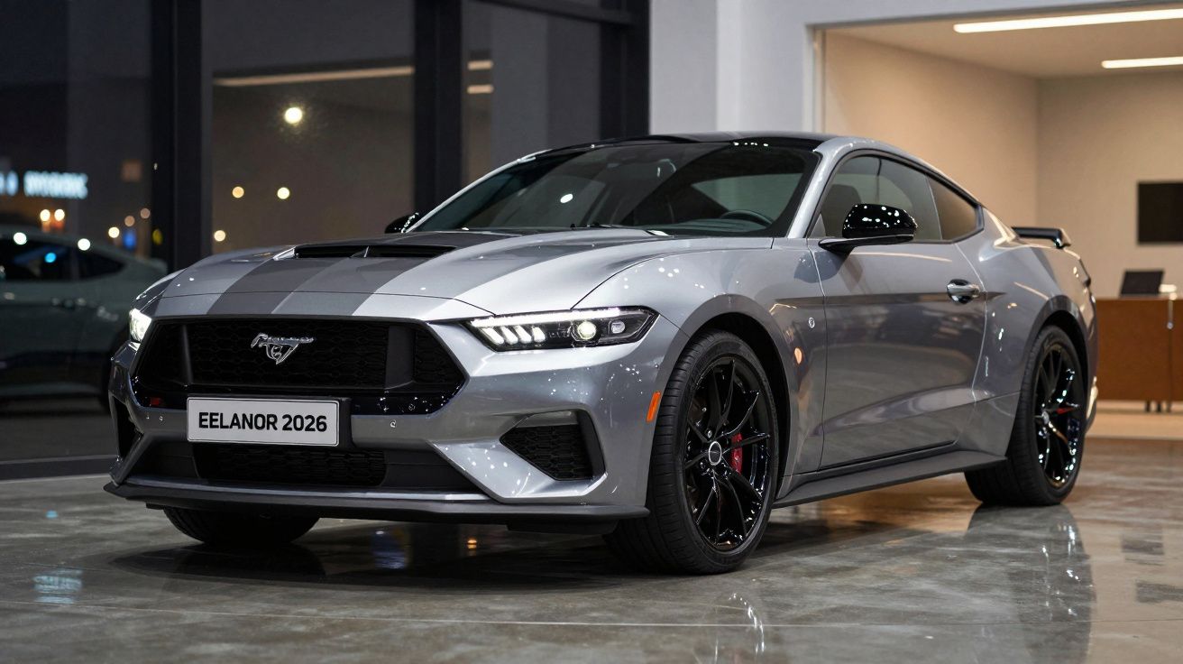 Carro desportivo cinza com riscas pretas estacionado em chão refletor dentro de showroom moderno.