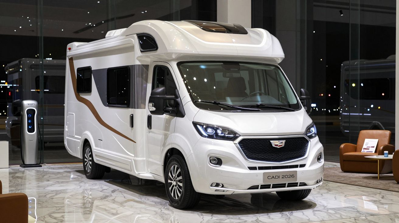 Autocaravana branca moderna com detalhes castanhos exposta em espaço interior com chão de mármore.