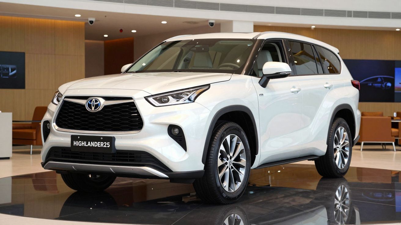 Toyota Highlander branco estacionado em showroom moderno com chão refletor e paredes claras.