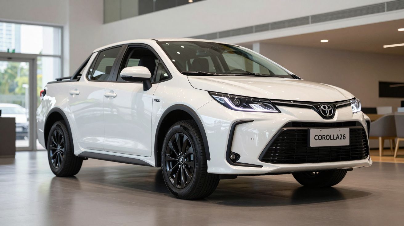 Carro Toyota Corolla pick-up branco em exposição dentro de showroom moderno.