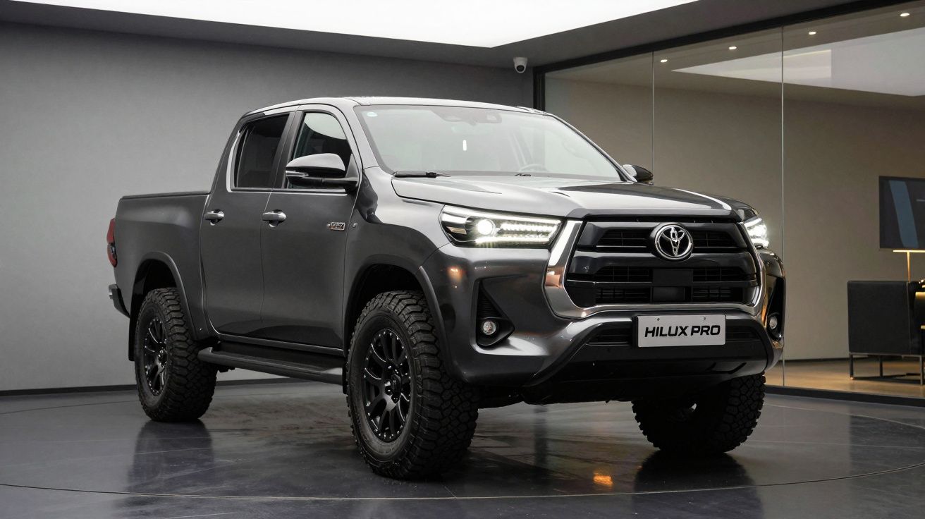 Picape Toyota Hilux Pro cinzenta estacionada em ambiente moderno com janelas de vidro.