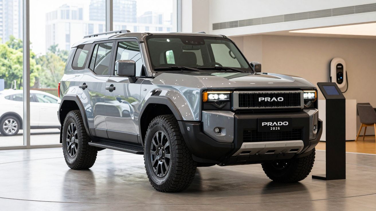 Carro todo-o-terreno cinzento, modelo Prado 2026, exposto numa sala com grandes janelas.