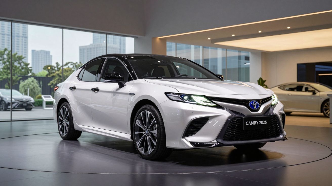 Toyota Camry 2026 branco em exposição num showroom moderno com grande janela e carros ao fundo.