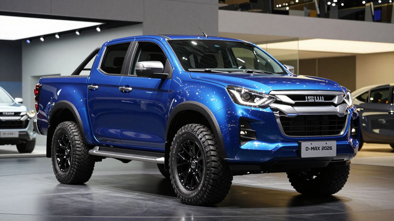 Pick-up azul ISUZU D-MAX 2026 em exibição num salão automóvel moderno.