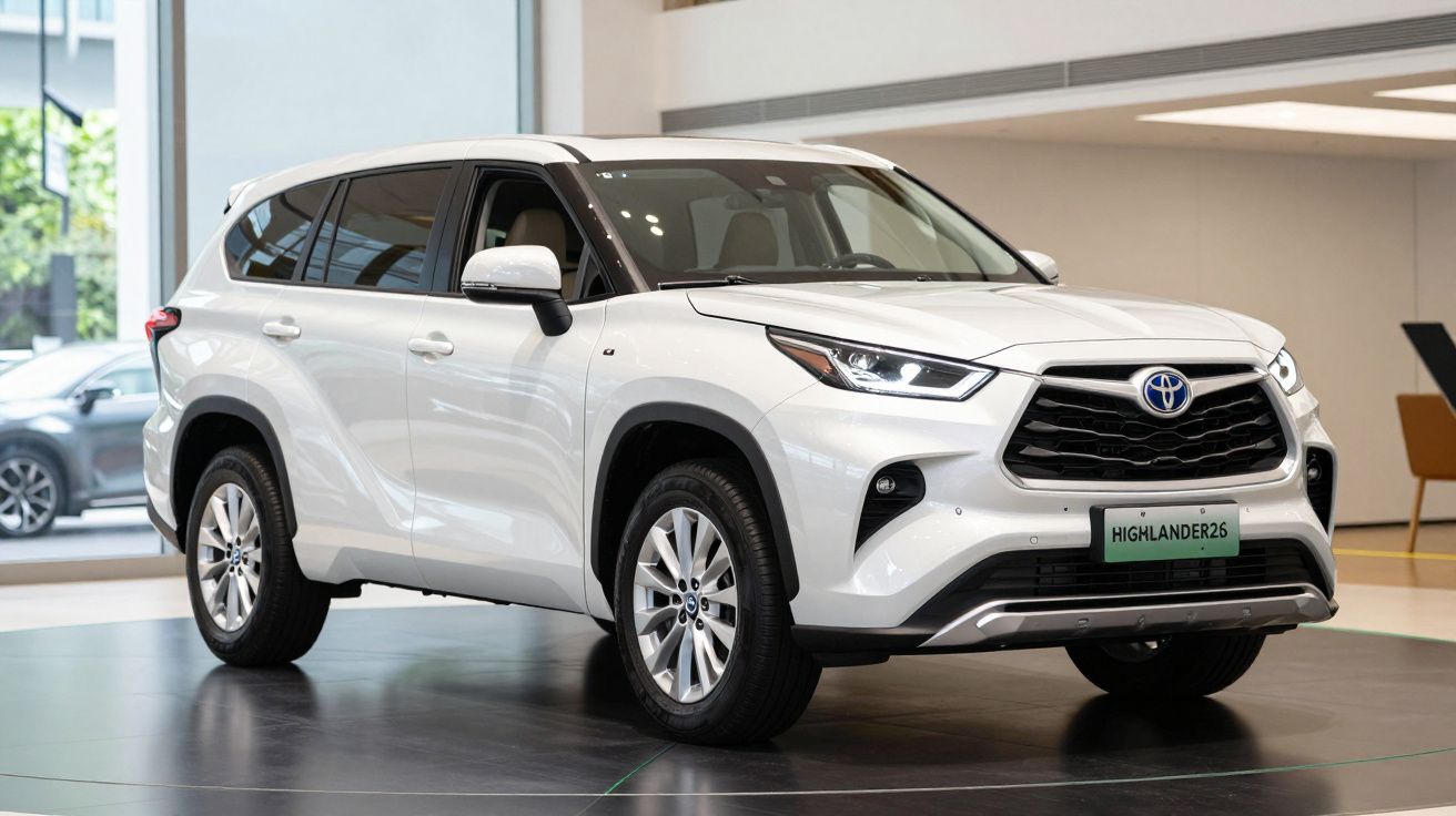 SUV Toyota Highlander branco exposto em showroom moderno e iluminado.