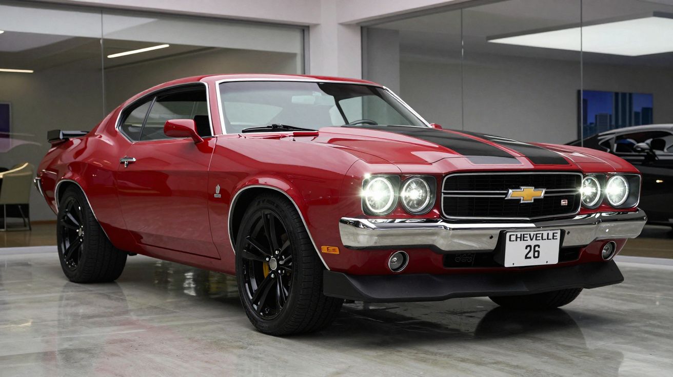 Carro clássico Chevrolet Chevelle vermelho com faróis acesos numa garagem moderna.