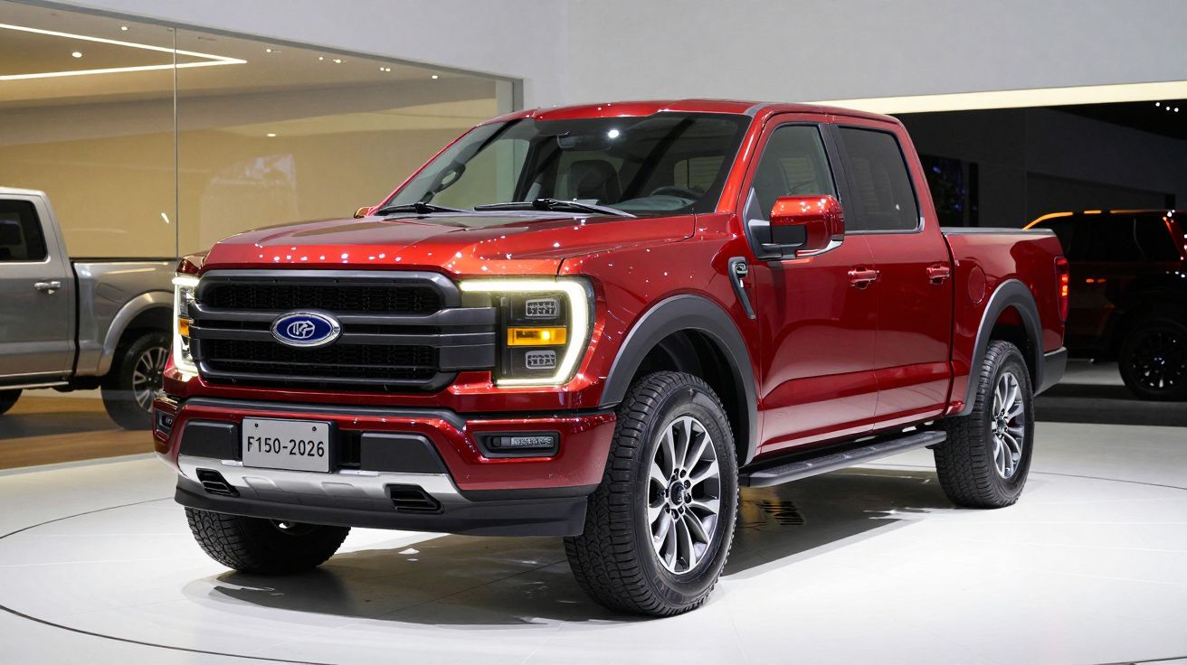 Picape vermelha moderna exposta em salão automóvel com iluminação interior brilhante.