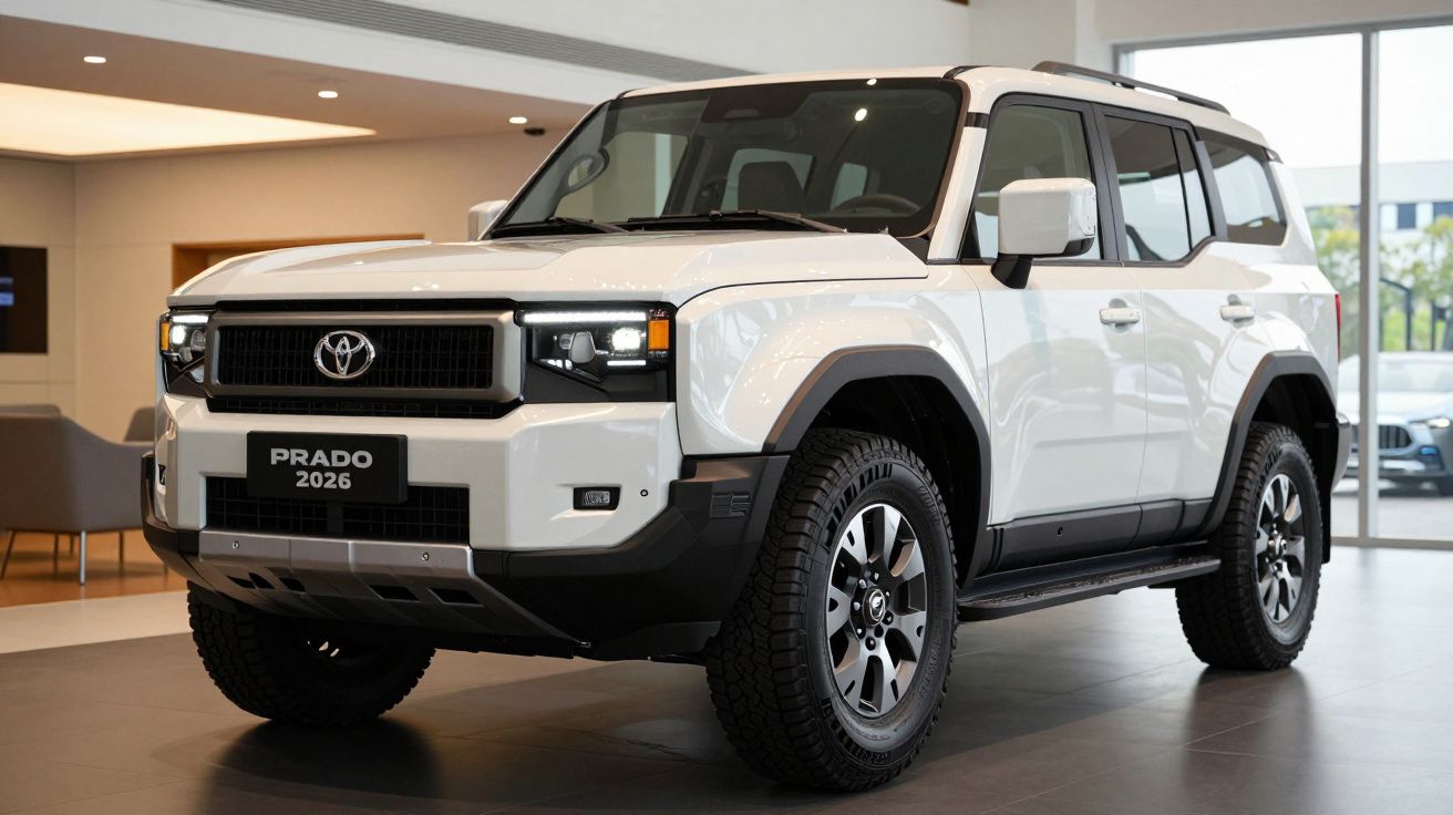 Veículo Toyota Prado 2026 branco estacionado em salão de exposição moderno.