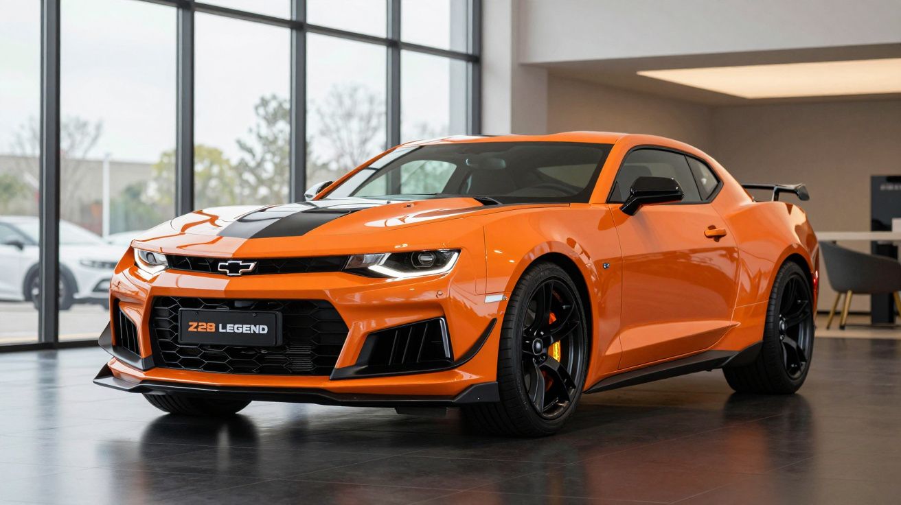 Carro desportivo Chevrolet Camaro Z28 Legend laranja com risca preta exposto em showroom moderno.