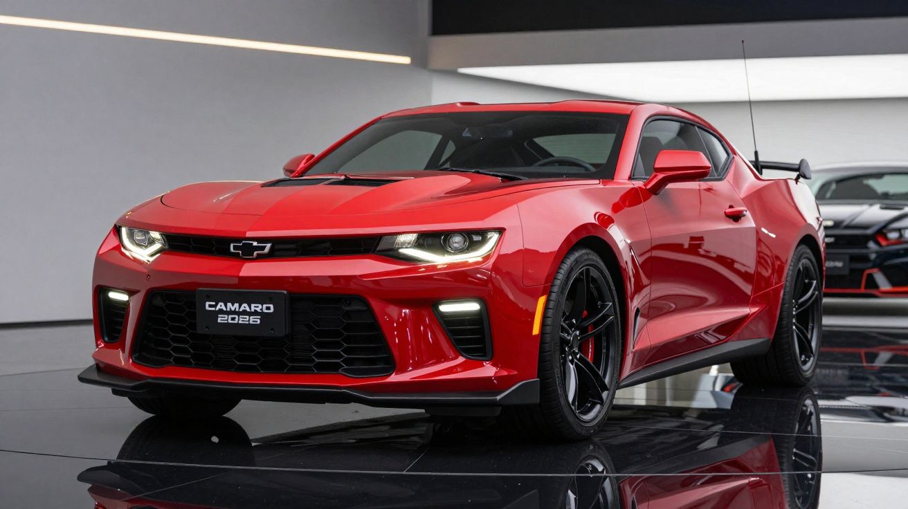 Carro desportivo vermelho Chevrolet Camaro 2026 em exposição moderna, visão frontal e lateral direita.