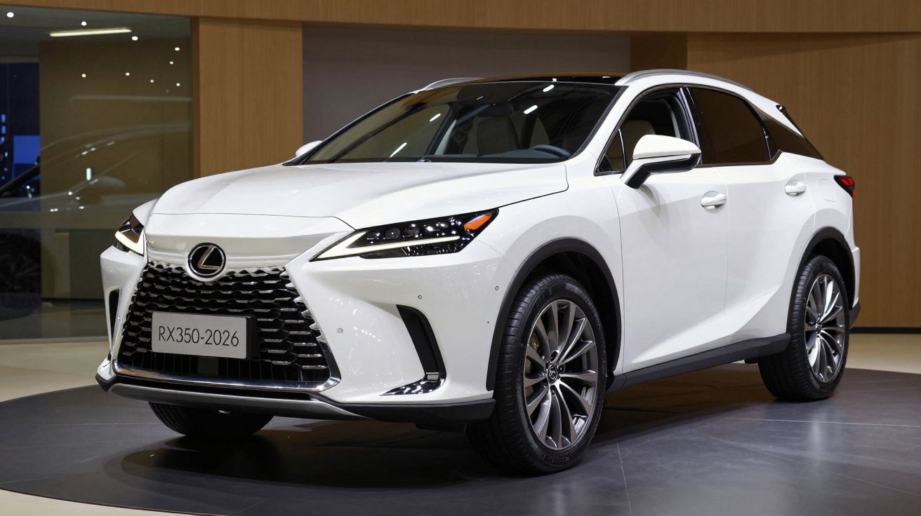 SUV Lexus RX350 branco estacionado em ambiente interior com iluminação suave.