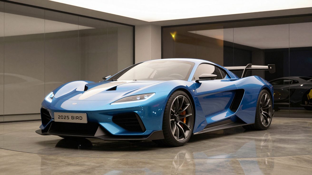Carro desportivo azul claro 2025 Bird estacionado em chão de mármore num espaço interior moderno.