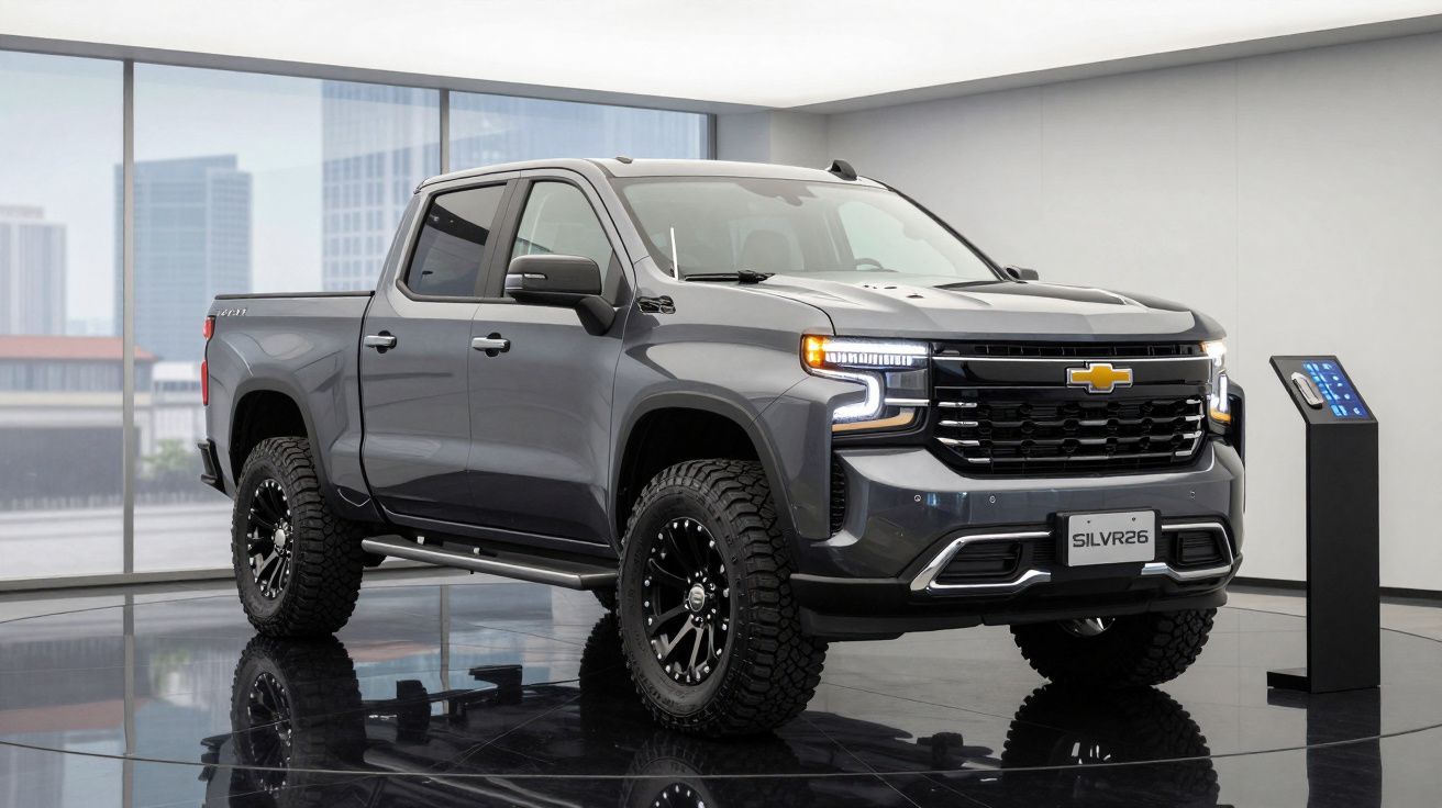 Pick-up Chevrolet cinzenta estacionada em showroom com piso reflexivo e paredes brancas.