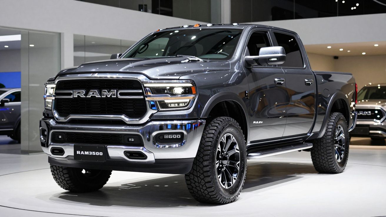 Pick-up preta RAM 3500 exibida em salão automóvel com luzes refletidas na carroçaria.