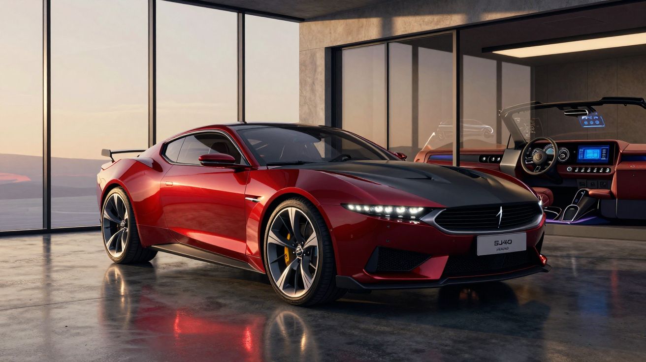 Carro desportivo vermelho com detalhes pretos estacionado num espaço moderno com janelas grandes e interior sofisticado.