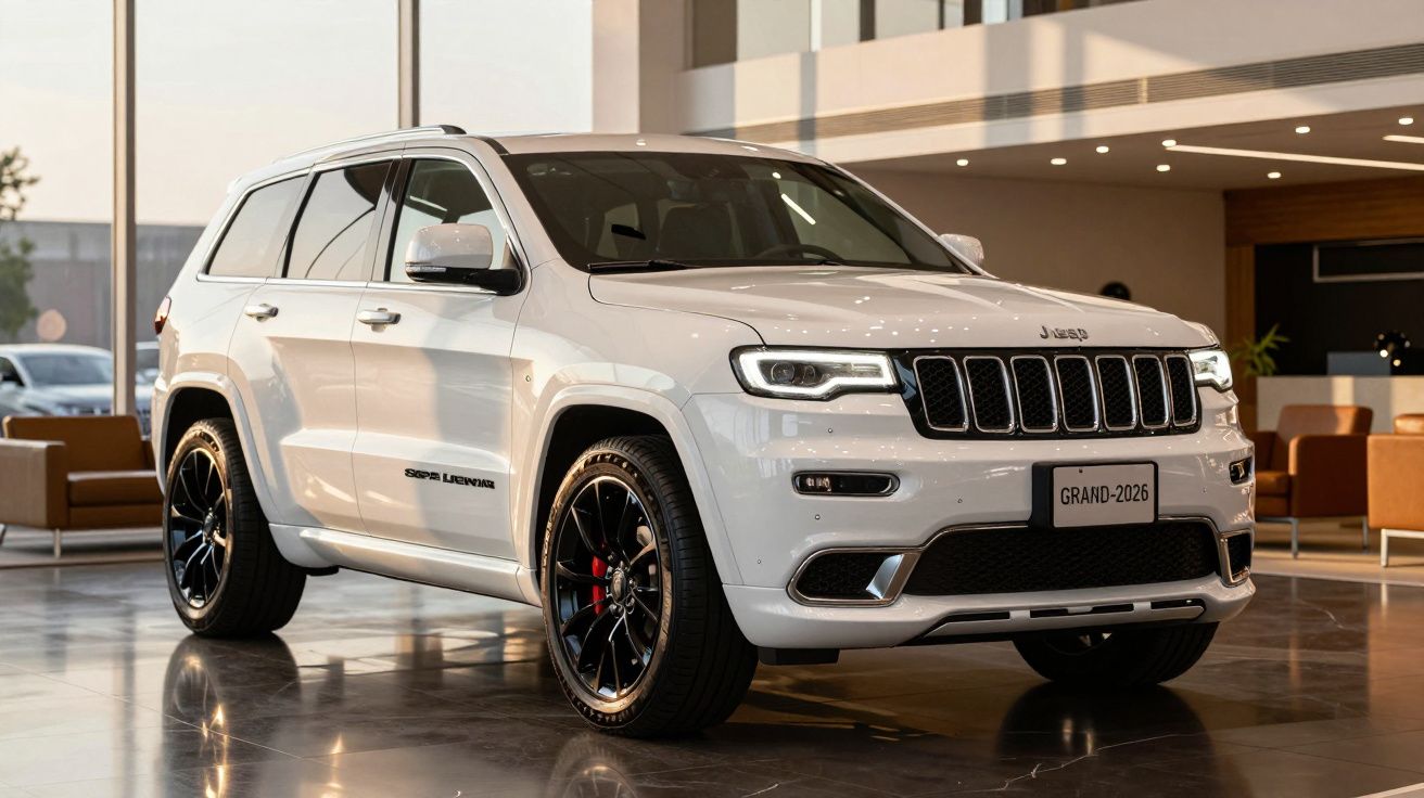 Jeep Grand Cherokee branco estacionado em interior moderno com piso refletor e móveis castanhos.