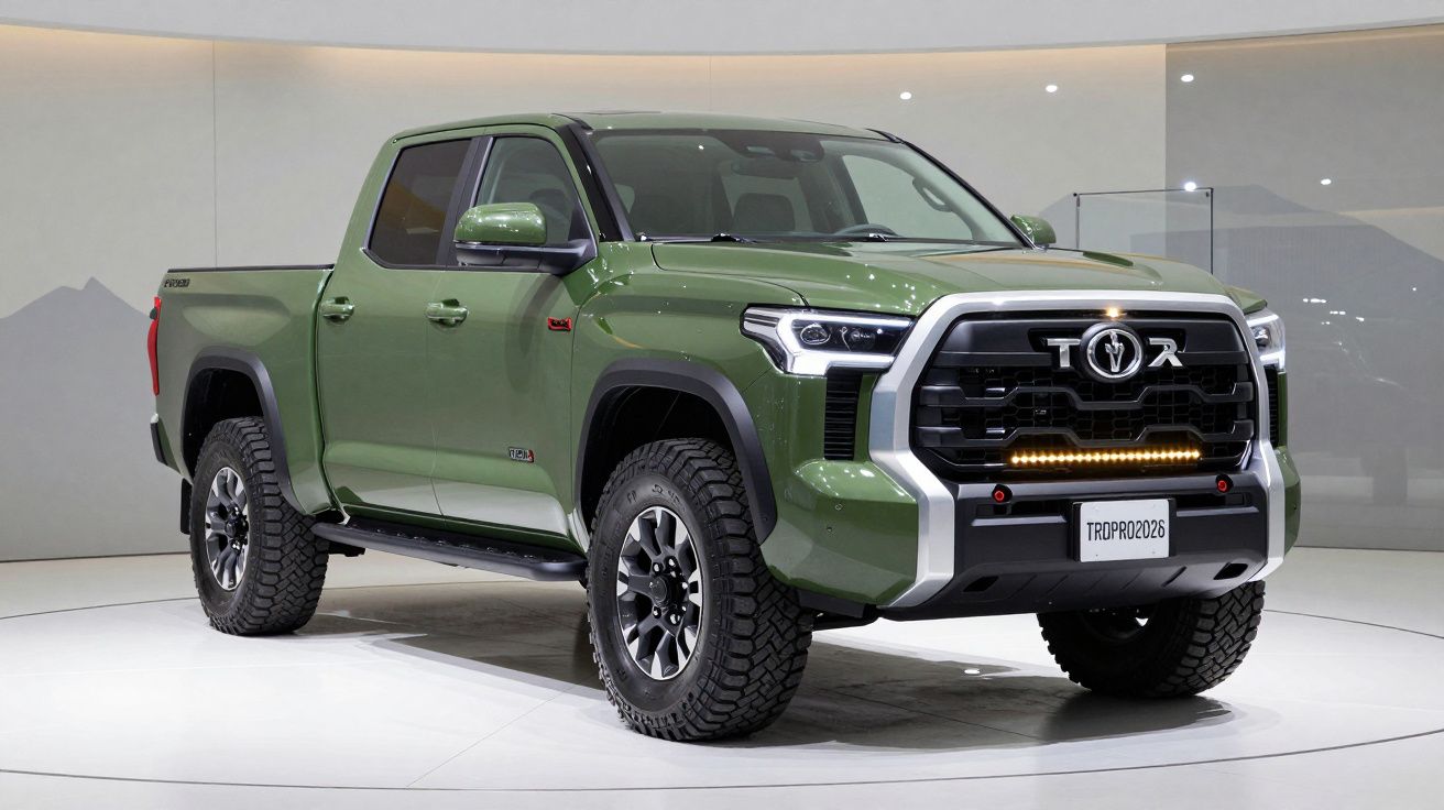 Pick-up verde militar com design robusto e pneus todo-o-terreno exposta em salão automóvel.