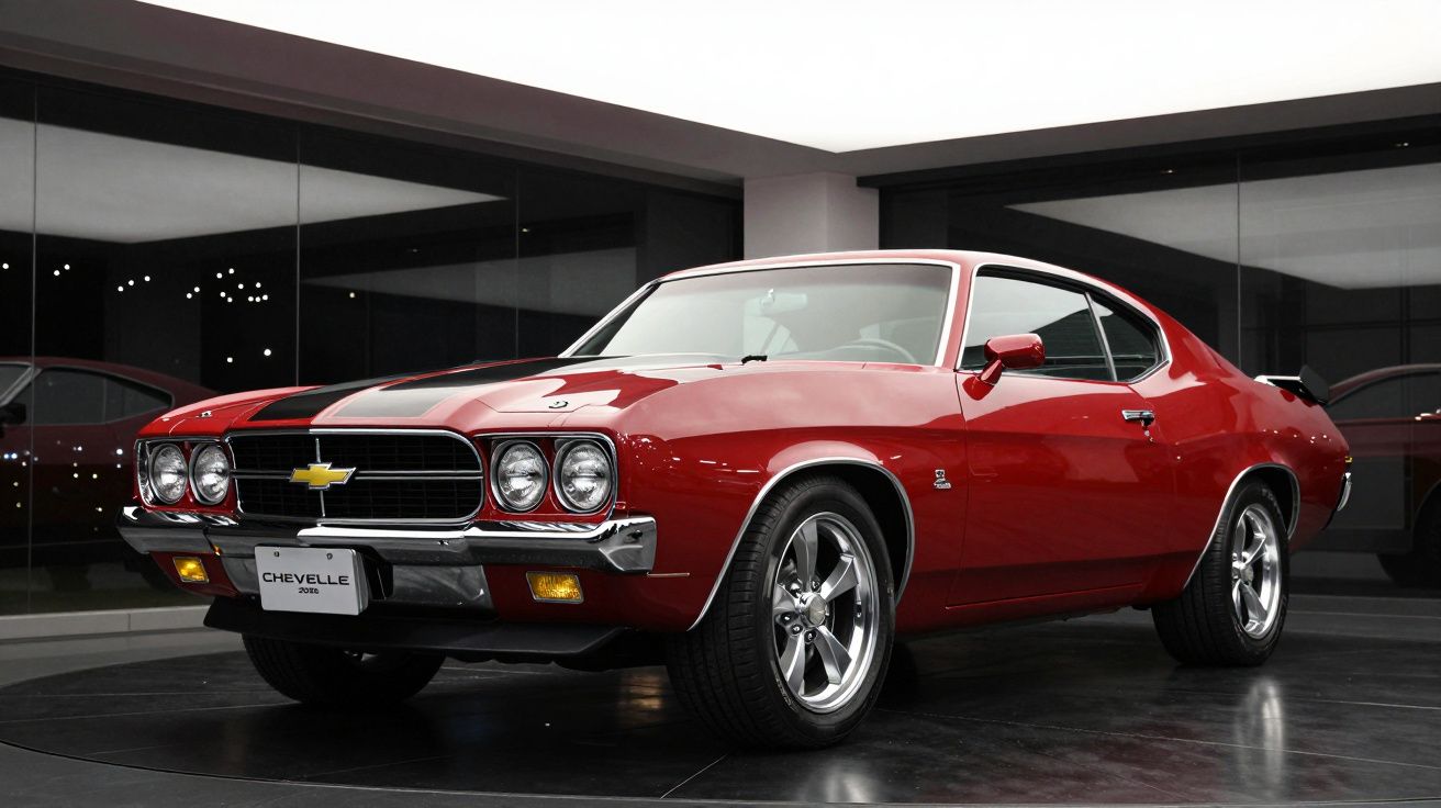 Carro clássico Chevrolet Chevelle vermelho com faixas pretas, em exposição interior com pavimento escuro.