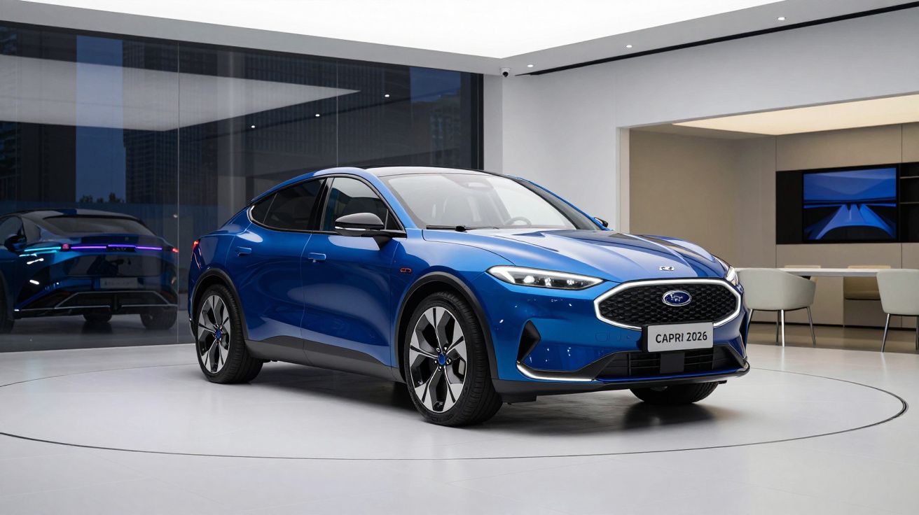 Ford Capri 2026 azul exposto numa sala moderna com design minimalista e iluminação branca.
