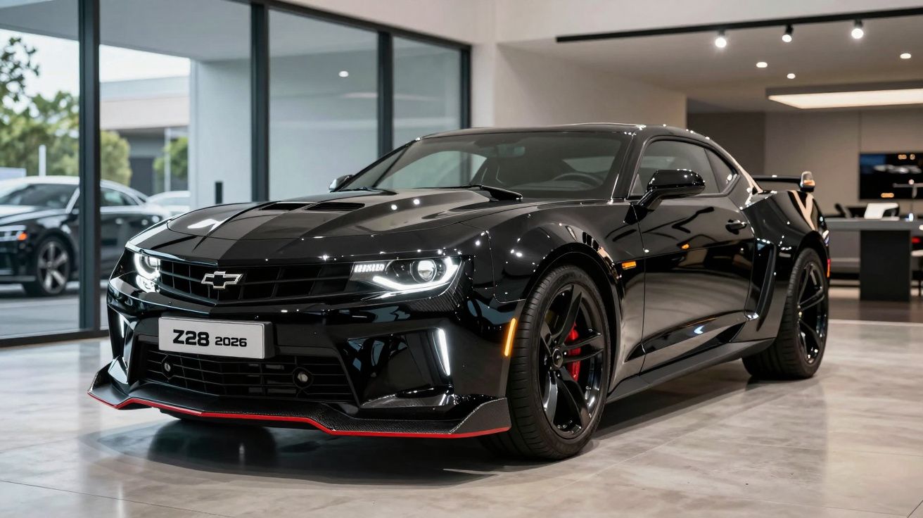 Carro desportivo Chevrolet Camaro Z28 preto com pormenores vermelhos numa exposição interior moderna.