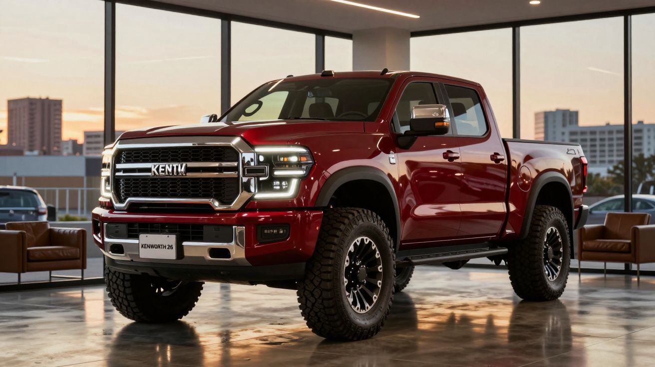 Pick-up vermelha Kentik com faróis LED, pneus grandes todo-o-terreno, em showroom moderno iluminado.