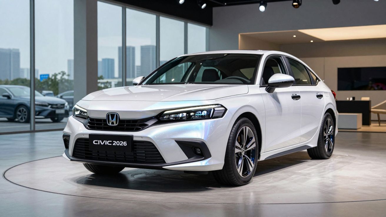 Carro Honda Civic 2026 branco exposto num salão com janelas grandes e iluminação interior moderna.