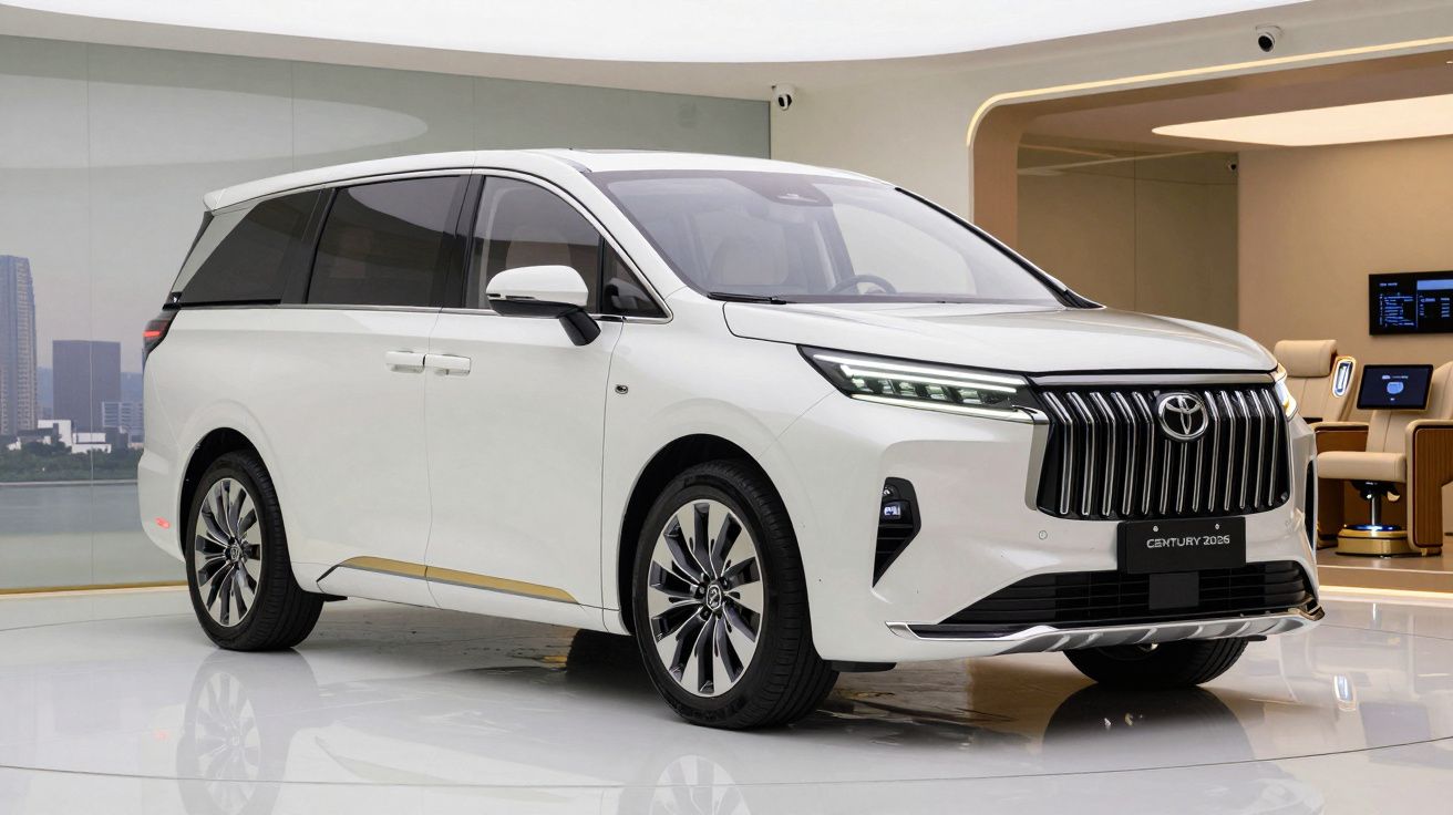 Automóvel monovolume Toyota Century 2025 branco em exposição interior moderna.