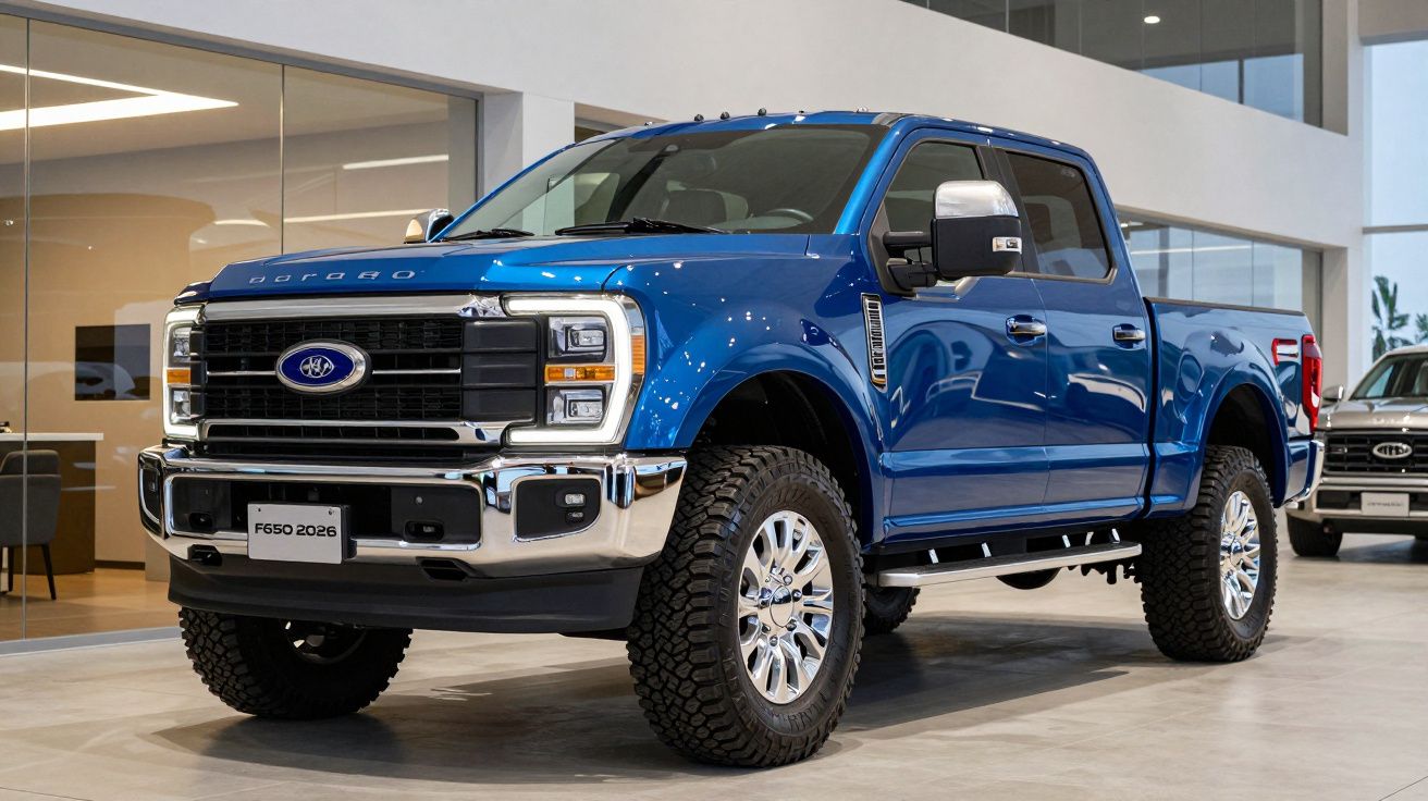 Carrinha Ford F-650 2026 azul com grandes pneus, exposta numa sala moderna de showroom.