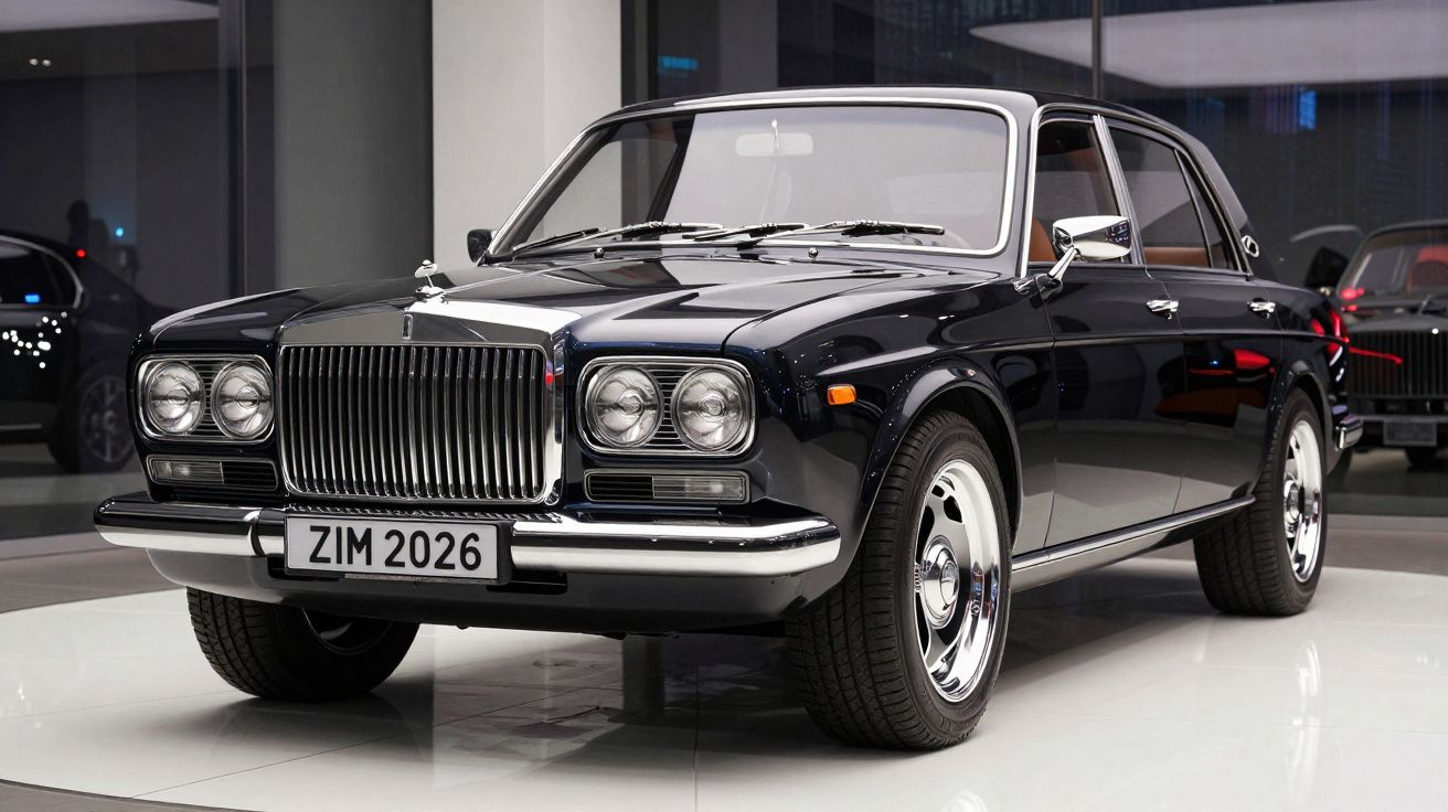 Carro clássico preto Rolls-Royce em exposição com faróis duplos e grelha cromada detalhada.