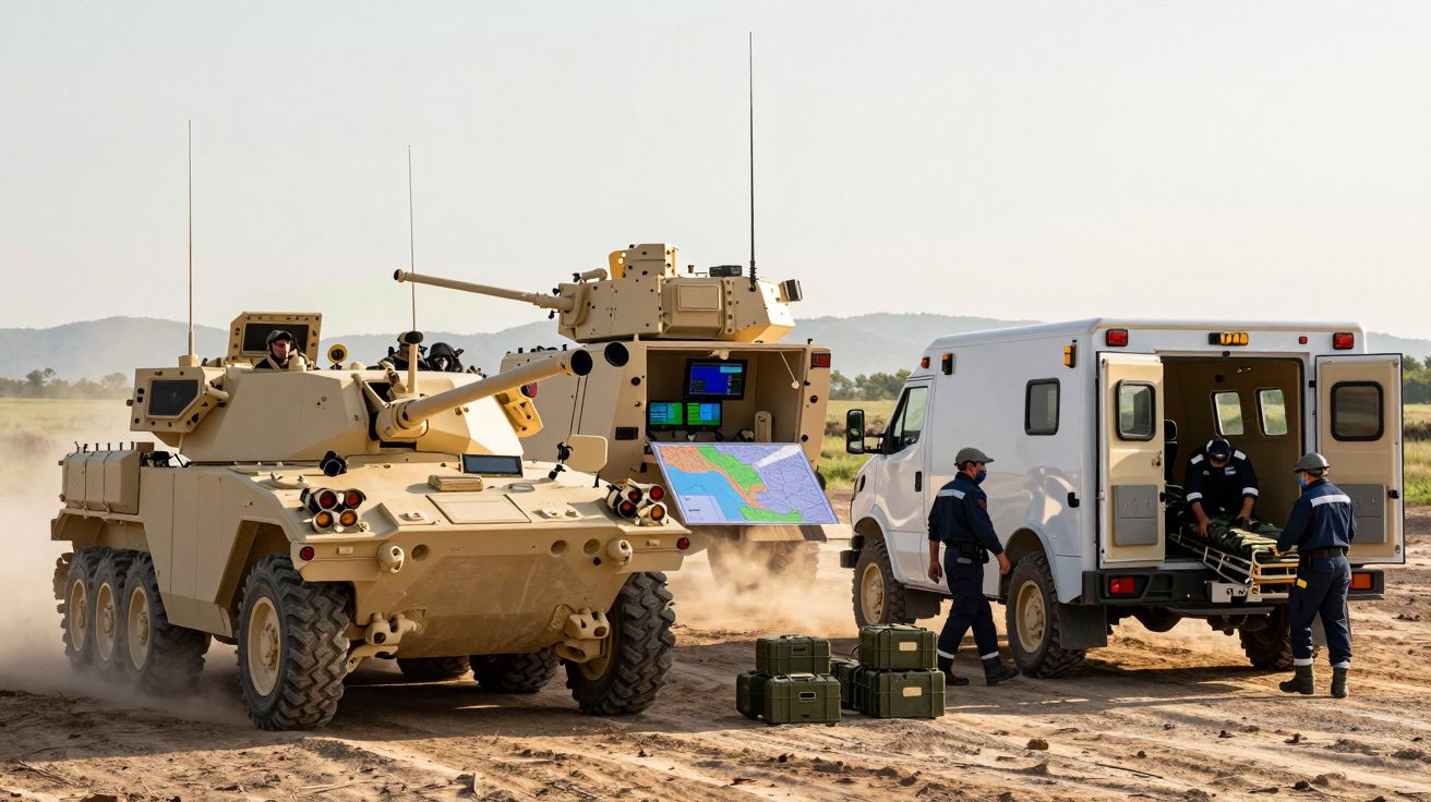 Veículos militares e soldados transportam equipamento e maca para ambulância num terreno arenoso.