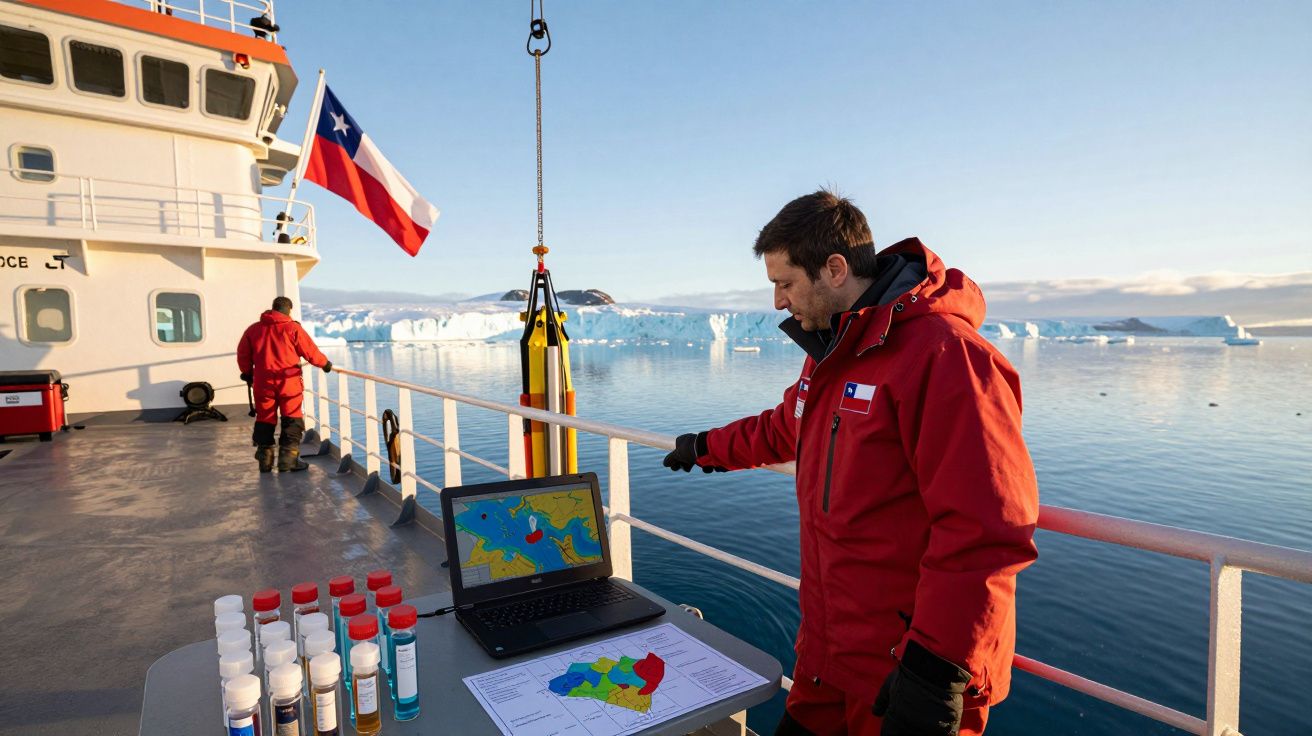 Cientista em jaqueta vermelha analisa dados num computador a bordo de navio com icebergues ao fundo.