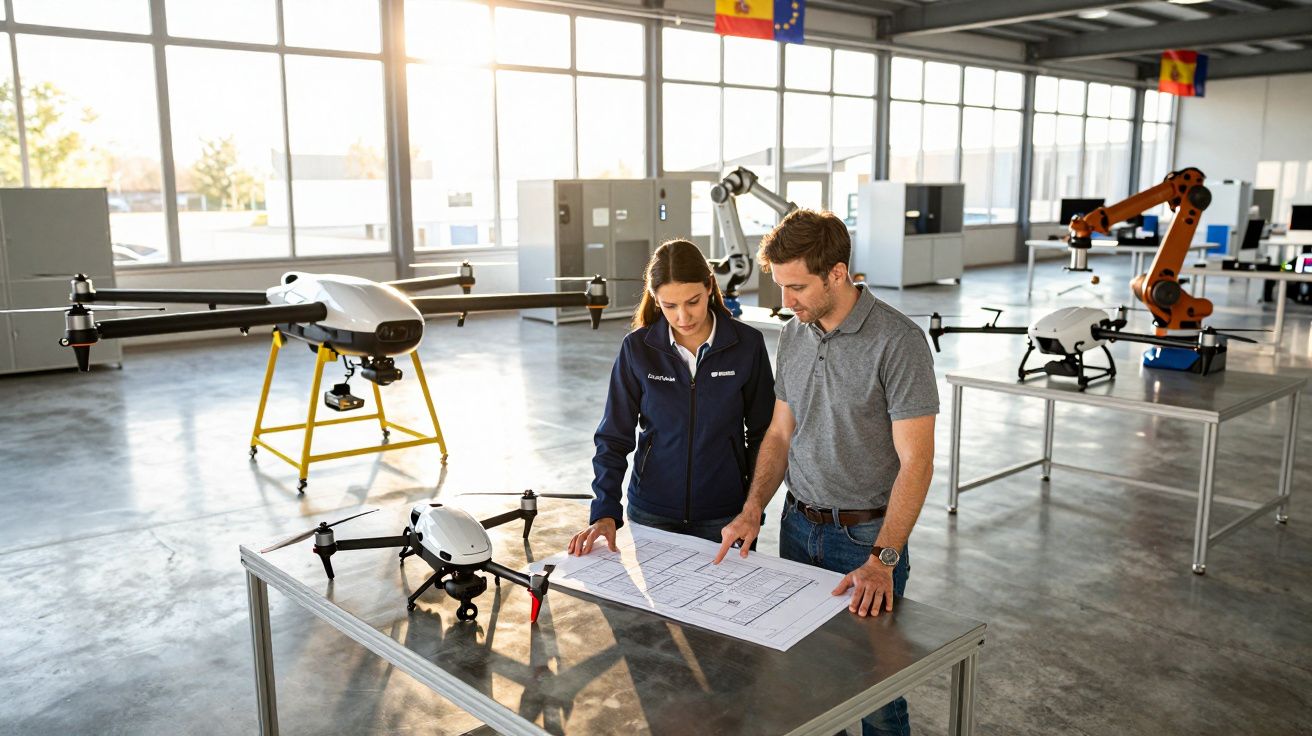 Dois engenheiros a analisar planos junto a drones numa oficina moderna e espaçosa com robôs industriais.