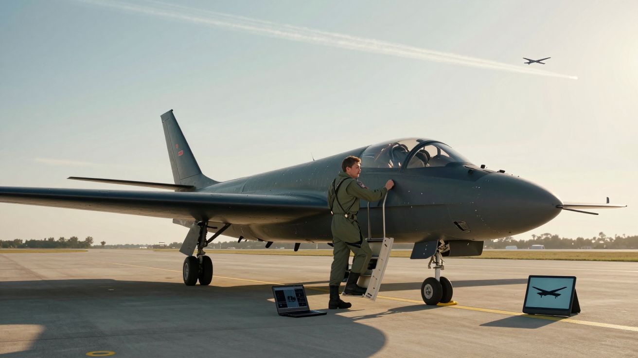 Piloto vestido com fato de voo entra numa aeronave futurista preta numa pista de aeroporto ao amanhecer.