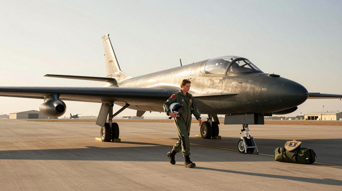 Piloto militar com fato verde caminha no chão do aeroporto ao lado de avião a jato prateado estacionado.