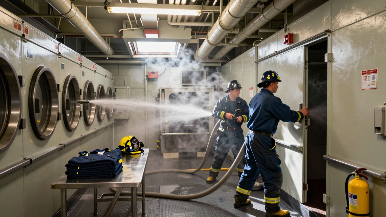 Bombeiros em uniforme combatem incêndio com mangueira numa lavandaria industrial fechada.